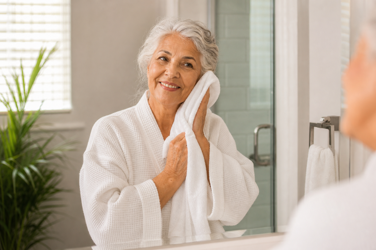 Older adult in white robe drying face with a towel, smiling at bathroom mirror.