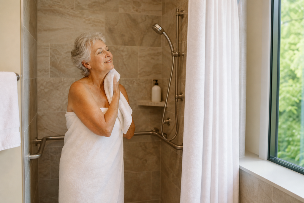 Older adult wrapped in a white towel, drying face, smiling, standing in a tiled shower with grab bars.