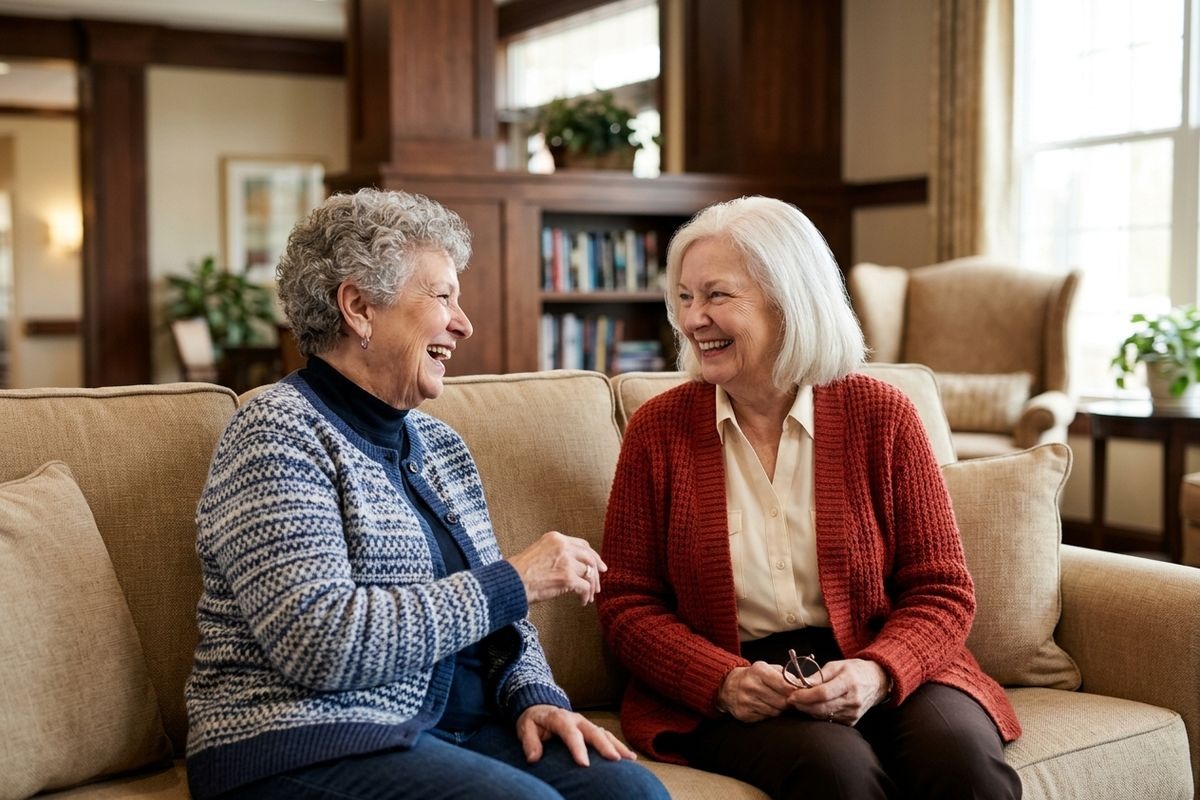 Two older adults sitting on a sofa, smiling and talking, in a sunlit room.