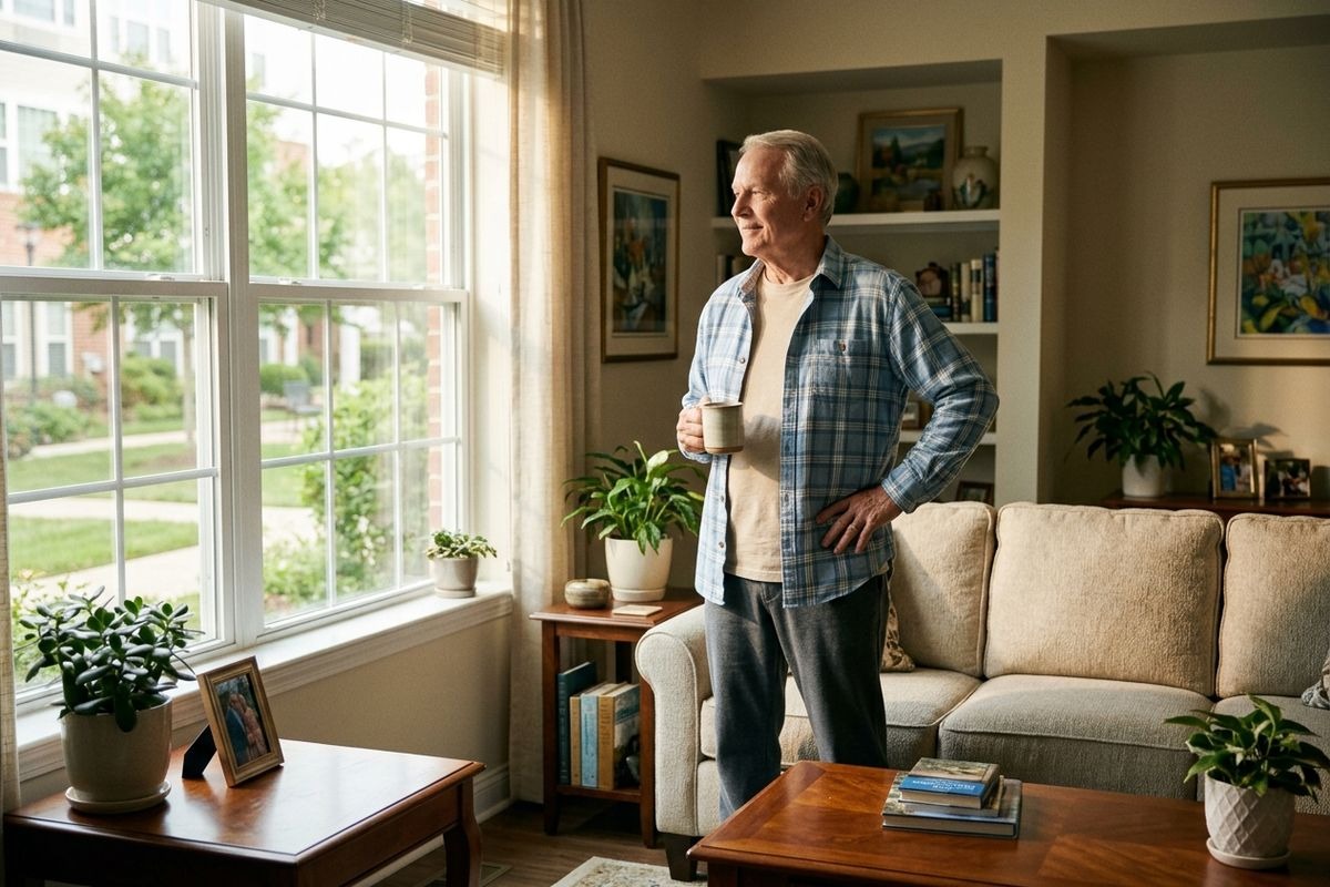 An older adult holding a mug and smiling while looking out a window in a bright living room.