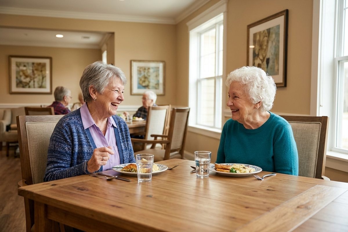 Two older adults laugh together while sharing a meal at a dining table.