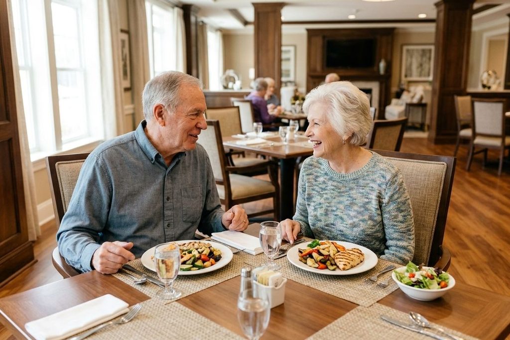 Two older adults smiling at each other over plates of food at a dining table.