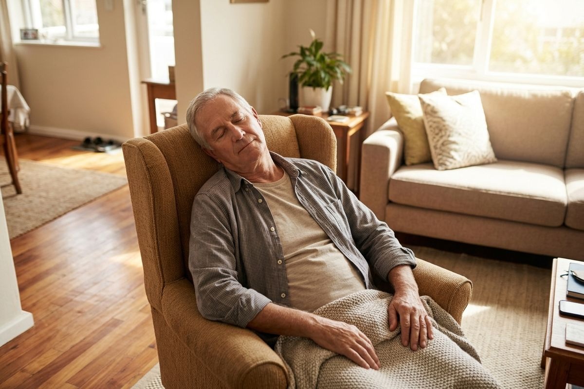 An older adult sleeps in an armchair with a blanket on their lap in a sunlit living room.