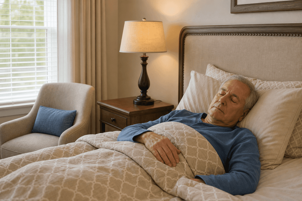 An older adult sleeps in bed with their eyes closed, beside a lit lamp on a nightstand and a window in the bedroom.